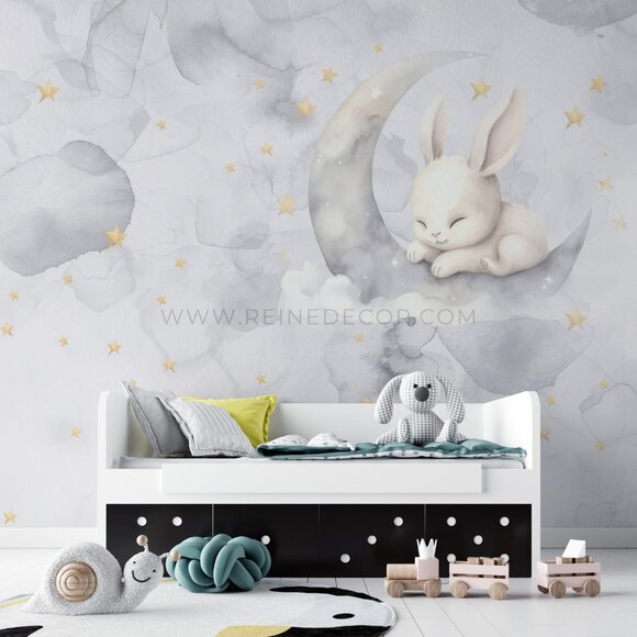 Sleeping Bunny Moon Kids Room Wallpaper | Adorable Nursery Decor - Picture 3 of 9